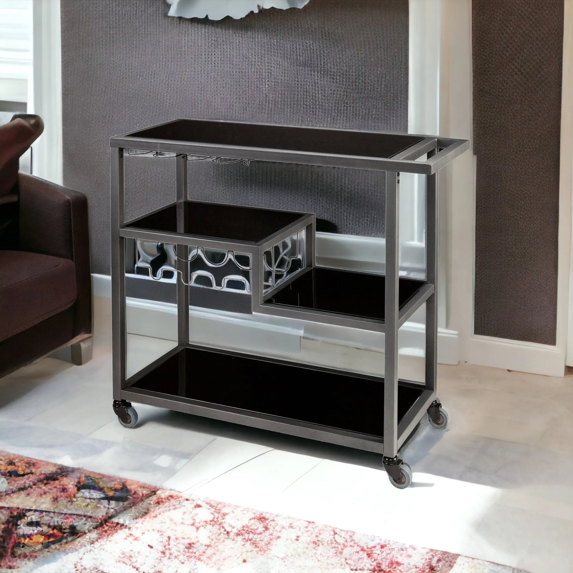 Glass Rolling Bar Cart With Wine Storage